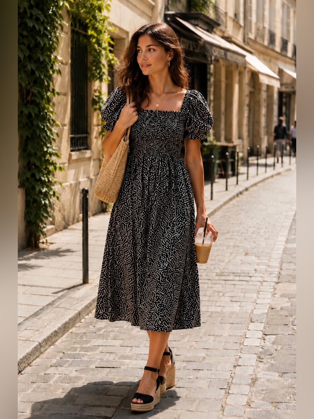 Black Floral Puff-Sleeve Corrina Dress Black White XS